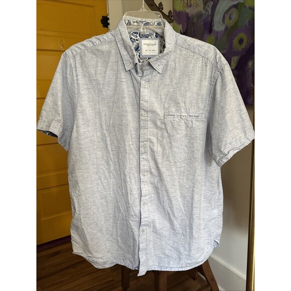 Denim & Flower Ricky Singh Short Sleeve Button Down Shirt Men's Large Blue - Picture 1 of 12